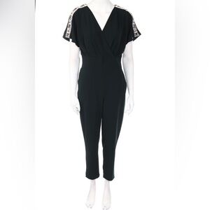 Zara Deep Olive Jumpsuit with Patterned Shoulders